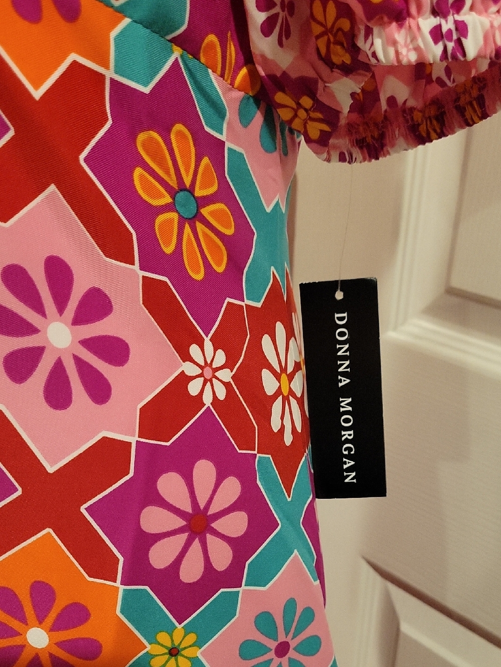 Donna Morgan Multicolor Floral Geo Midi Dress in Pink, Orange, Teal & Purple - Picture 4 of 14